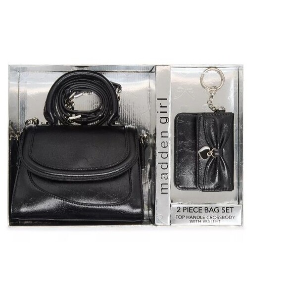 MADDEN GIRL 2-Piece Morganb Crossbody Top Handle Bag Wallet Set Black Silver NIB - Picture 1 of 5